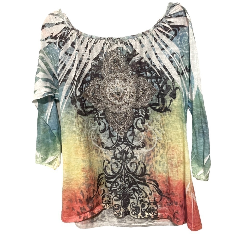 Reba Embellished Boho 3/4 Sleeve Lightweight Top Size Small Made In The USA